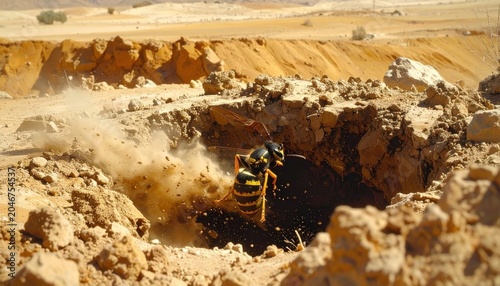 Solitary Digger Wasp Excavating Nesting Chamber in Dry Earth