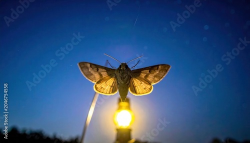 Solitary Moth Drawn to Bright Light Source Against Night Sky