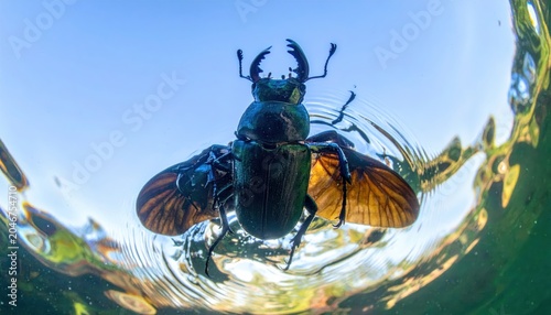 Stag Beetle Insect Spins on Water Surface with Overhead Circular Camera Motion