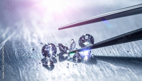 Sparkling Diamond Gems Scattered on a Textured Metallic Surface with Tweezers