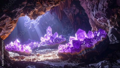 Vast cave interior filled with sparkling purple amethyst crystal clusters and geode formations illuminated by mystical light rays