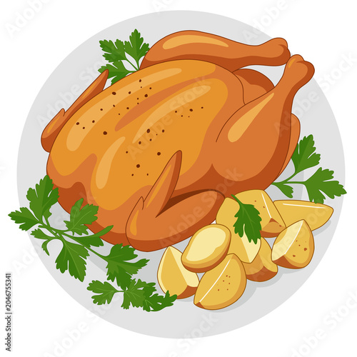 Whole roasted chicken with potatoes on a plate vector illustration
