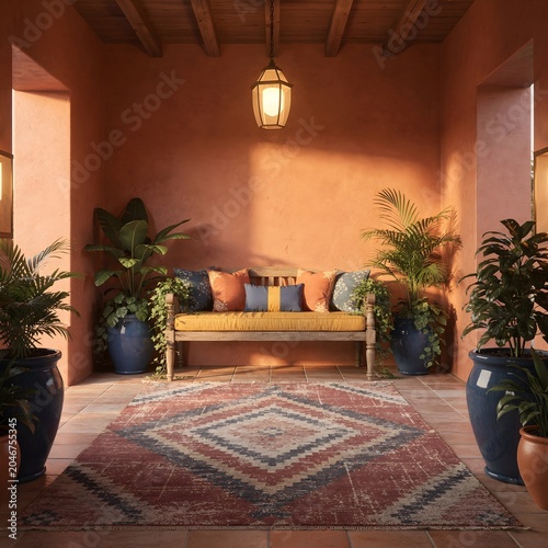 Elegant Mediterranean courtyard interior with wooden bench decorative rug and lush potted plants creating a warm inviting atmosphere
