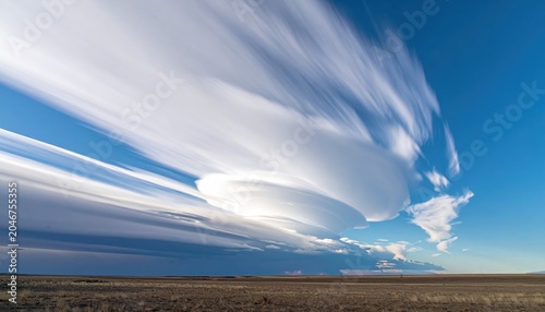 Wispy clouds streak and dissipate over a vast, barren plain under a dynamic sky
