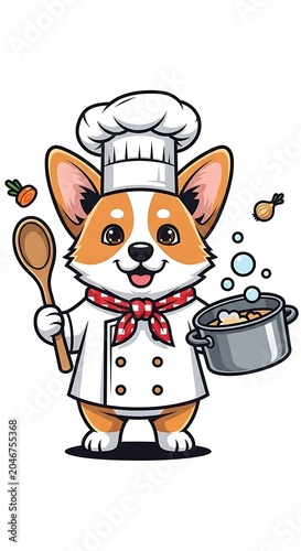 Cartoon character chef holding a frying pan and spatula.