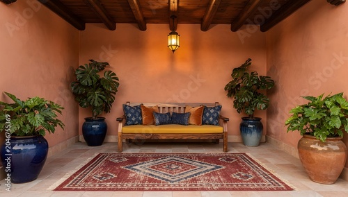 Elegant Mediterranean courtyard interior with wooden bench decorative rug and lush potted plants creating a warm inviting atmosphere
