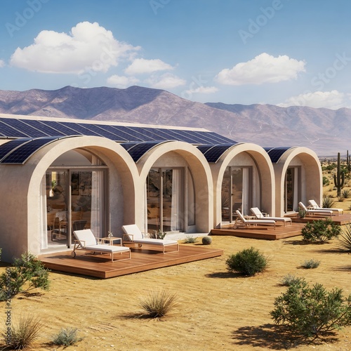 Modern eco friendly desert resort featuring futuristic arched cabins with solar roofs and luxury outdoor living in an arid landscape
