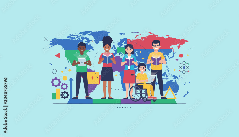 Fototapeta premium Diverse students reading books on a colorful blank world map, representing global education and learning opportunities for all.