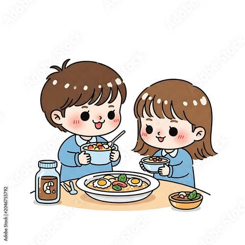 Two children playing with toy kitchen utensils and food.
