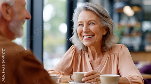 Senior woman smiling and enjoying coffee with companion in cozy modern cafe, bright window light, happy mature lifestyle, retirement, authentic candid moment