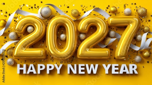 Festive 3D Gold New Year Decoration with Rounded Shapes and Confetti