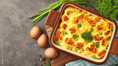 Baked Casserole with Melted Cheese and Green Vegetables Overhead View