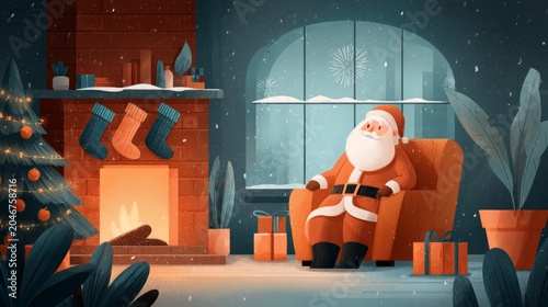 Cozy Indoor Christmas Scene with Santa by the Fireplace