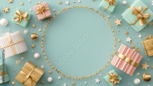 Festive Christmas Scene with Floating Gift Boxes and Ribbons