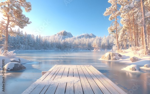 Winter Wonderland Lake Surrounded by Dense Pine Forest with Snow