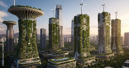 Futuristic eco city skyline with vertical forest skyscrapers and wind turbines, sustainable urban architecture

