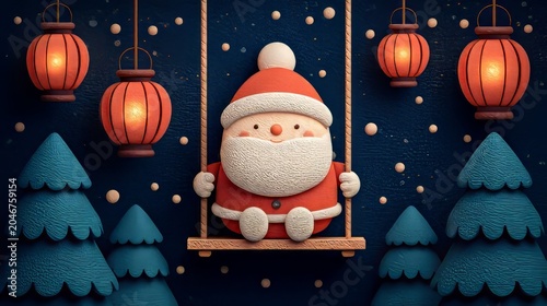 Cute Cartoon Santa on Swing Surrounded by Lanterns and Trees