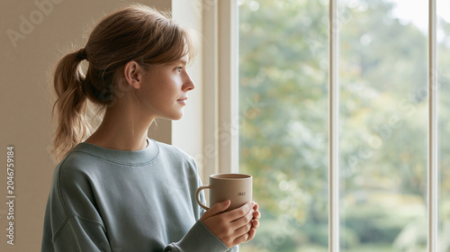 Young woman holding a coffee mug by the window looking outside with a pensive expression
