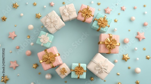 Festive Christmas Scene with Floating Gift Boxes and Ribbons