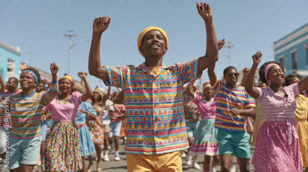 Naklejka premium Group of people celebrating with raised arms and joyful expressions in a vibrant street celebration