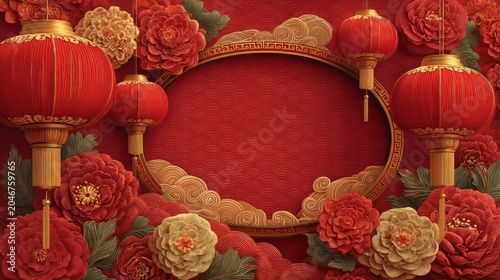 Elegant Layered Scene with Golden Lanterns and Floral Patterns
