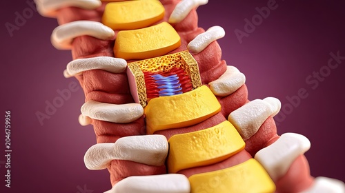 Detailed Diagram of Spinal Column with Highlighted Vertebrae and Anatomy