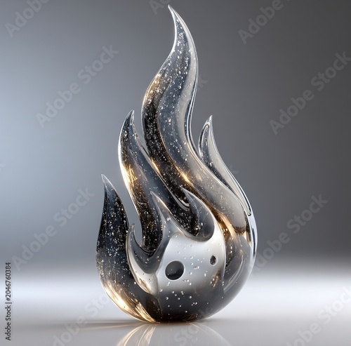 Transparent glass sculpture mimicking fire with visible air bubbles smooth rounded base and soft elliptical shadow