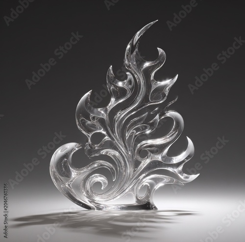 Clear glass flame shaped sculpture photorealistic style light grey to dark grey gradient background swirling pointed elements internal cutouts bubbles floating shadow