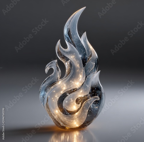 Clear glass flame shaped sculpture photorealistic style light grey to dark grey gradient background swirling pointed elements internal cutouts bubbles floating shadow