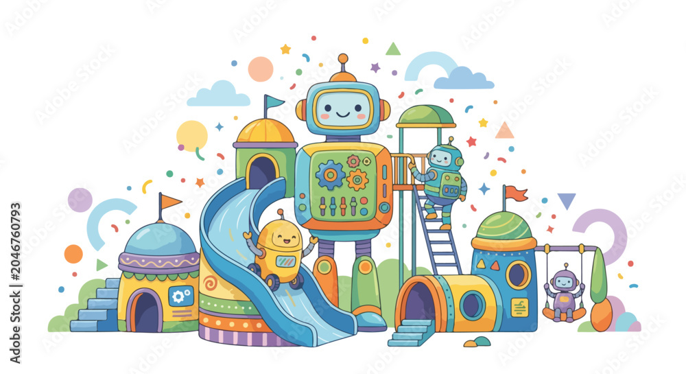 Naklejka premium A whimsical vector illustration depicts a vibrant, robot-themed playground where friendly mechanical friends enjoy slides, swings, and climbing.
