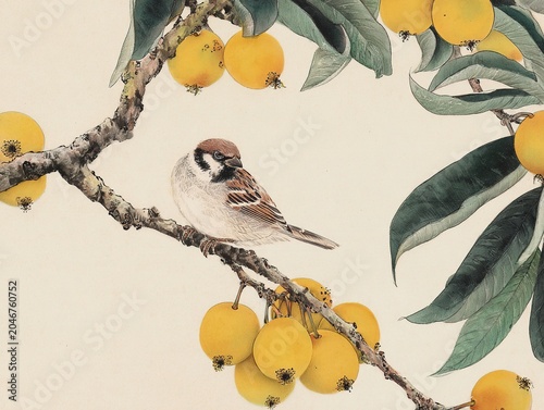 Elegant Bird and Loquat Artwork in Classical Chinese Painting Style on Beige Background