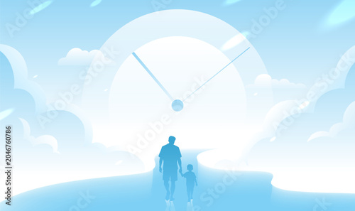Tableau sur toile Father and Son Bonding Blue Silhouette Fathers Day Illustration