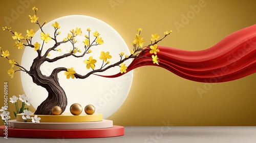 Festive Moon Festival Background Featuring Elegant Showcase Stand Floral Branch and Flowing Ribbon
