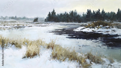 Serene Winter Scene Featuring Snow, Bare Trees, Moist Ground and Subdued Sky
