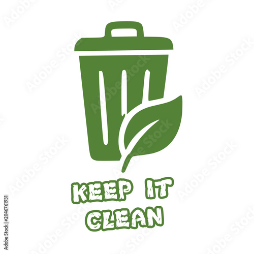Green recycling bin icon with keep it clean environmental message.