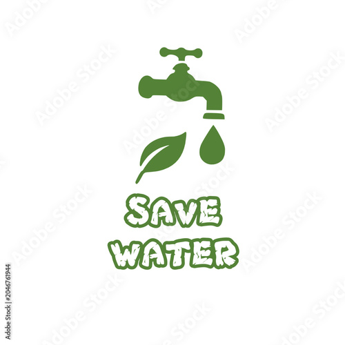 Hand holding a dripping faucet with green leaf symbolizing water conservation.
