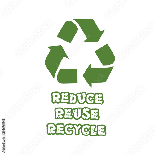 Colorful recycling symbol with reduce reuse recycle text on white background.