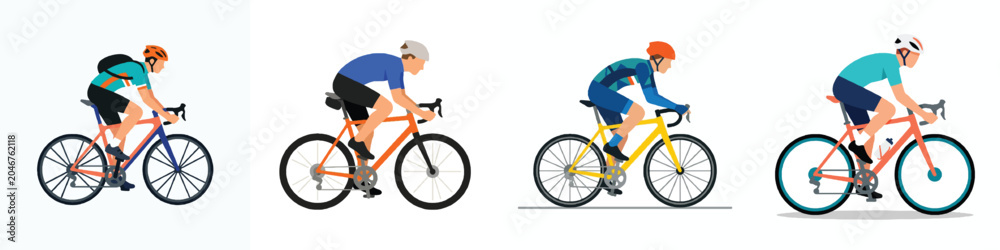 Obraz premium A simple minimalist flat design of a cyclist riding a road bike, no outline, modern bright colors, clean look, plain white background.