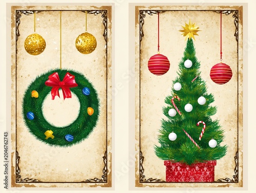 Vintage textured paper dark brown ornate corners vertical banners left Christmas wreath red bow blue yellow bells right Christmas tree gold star candy canes gift bag