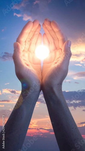 Open Hands Holding Bright Sunlight Against Colorful Sunset Sky