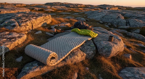 Sleeping Pad Unrolled Outdoors on Uneven Rocky Landscape at Sunset