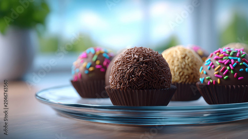 A tempting assortment of chocolate truffles, some adorned with colorful sprinkles and others with chocolate shavings, presented on a glass plate
