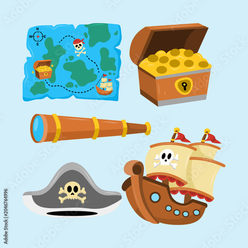 Cartoon Pirate Adventure Clip Art Set with Treasure Map Ship and Accessories Vector Illustration