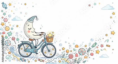 Obraz na plátne A whimsical crescent moon character in a nightcap rides a bicycle with a basket of stars, surrounded by a magical trail of candies and sweets