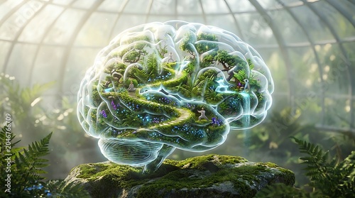 Human brain as a lush green terrarium with meditation and nature scenes