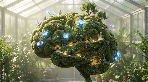 A lush, mosscovered brain sculpture inside a sunlit greenhouse