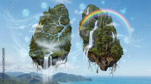 Floating islands shaped like human lungs with lush forests and waterfalls