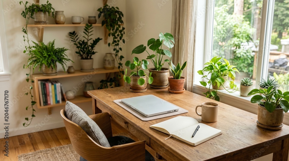 Fototapeta premium Cozy Plant Filled Home Office Workspace Interior