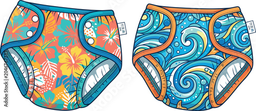 Colorful Reusable Swim Diapers with Tropical Floral and Ocean Wave Patterns for Baby Pool and Beach Vector Illustration