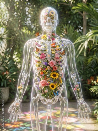 Transparent human body filled with vibrant flowers and butterflies